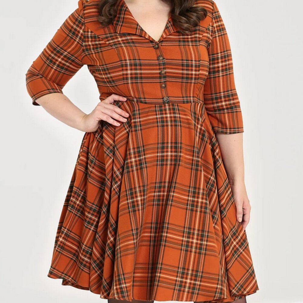 Hell Bunny - HTF Tawny Mid Dress (Size 2X) - Orange/Brown Tartan Plaid